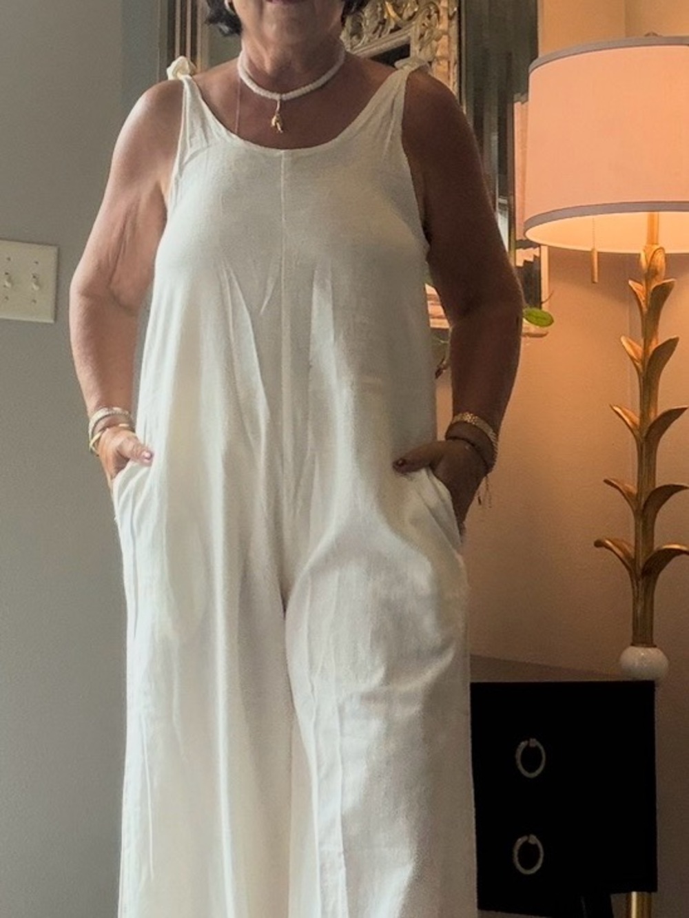 NWT-Elan Cream Wide-Leg Tie-Shoulder Linen Jumpsuit